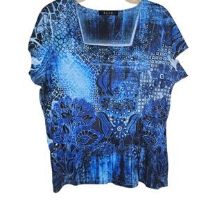 Y2K B.L.E.U. XL Blue Floral Square Neck Top with Rhinestones [0302]